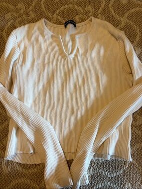 Brandy Melville Cream Ribbed Long Sleeve Notch-Neck Top